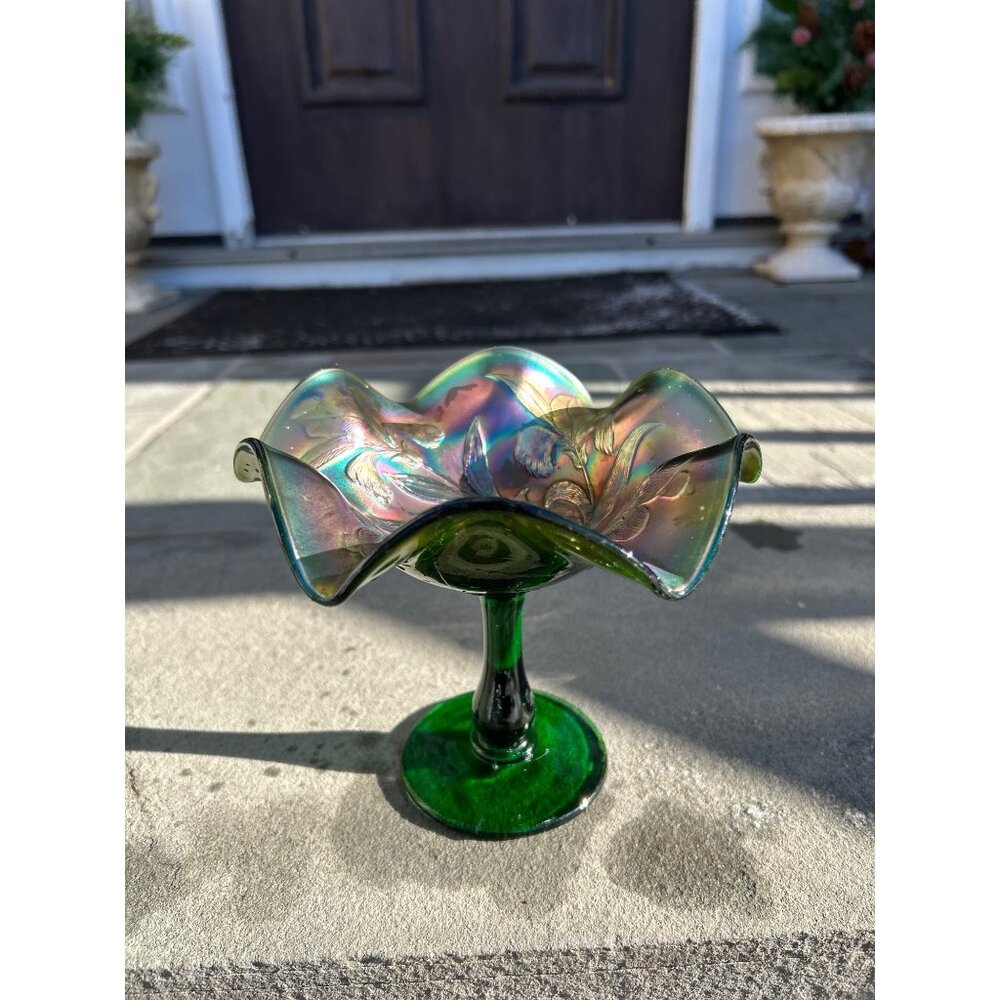 Vintage Fenton Green Carnival Glass Compote Dish.